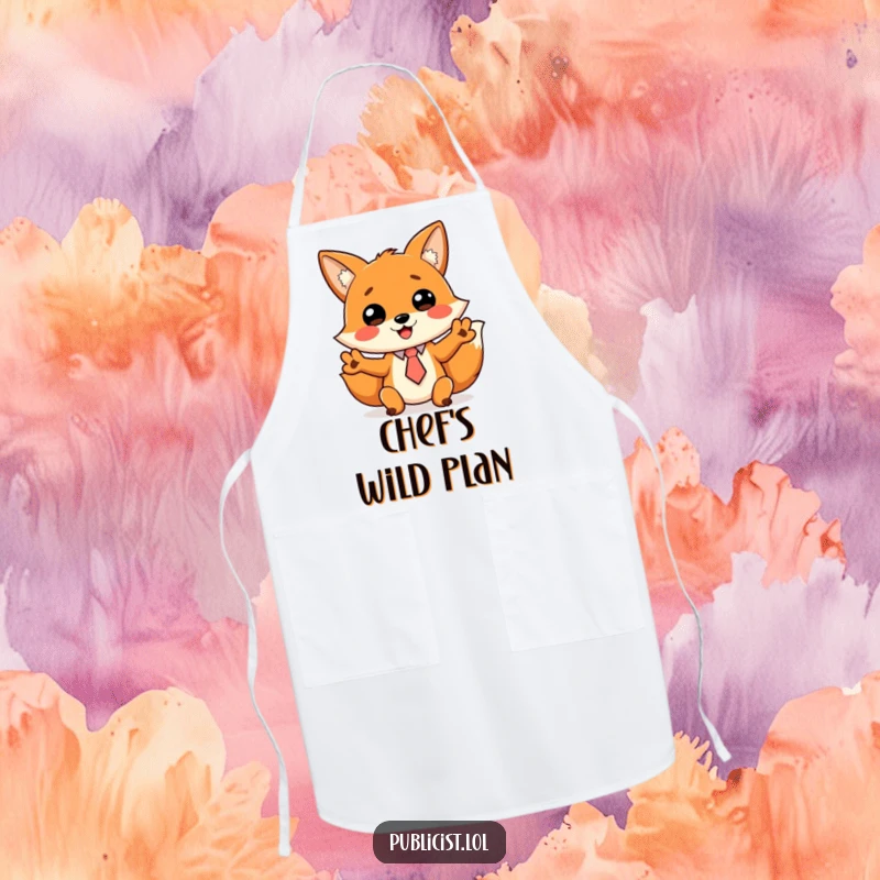 Funny apron with a cheerful fox wearing a tiny tie, gesturing wildly, perfect for a humorous and energetic host.
