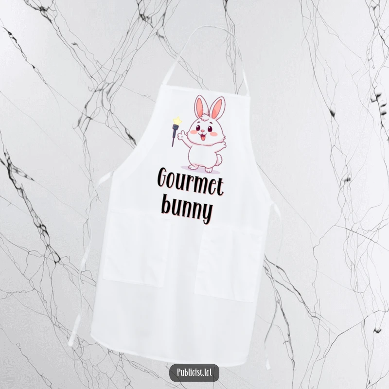 Funny fluffy bunny apron showing a character enthusiastically gesturing towards a spotlight, bringing cheer to the kitchen.