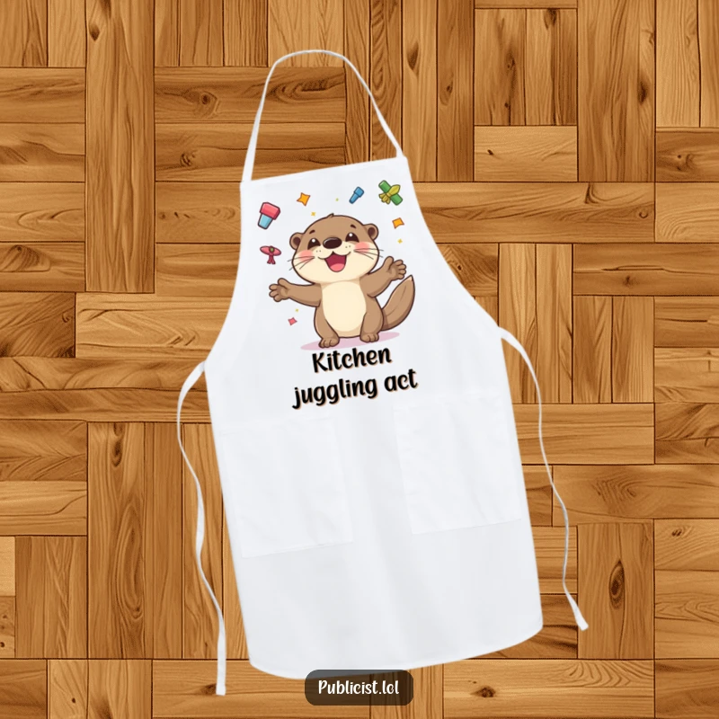 Funny apron with a playful otter juggling colorful flyers with a wide grin, perfect for a humorous and busy chef.