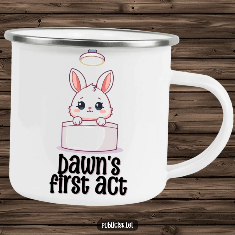 Funny camping mug featuring a fluffy rabbit peeking from behind a podium under a spotlight, ideal for outdoor humor.