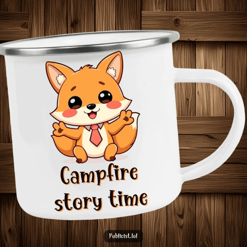 Funny camping mug of a cheerful fox in a tiny tie, gesturing wildly, suitable for humorous outdoor adventures.