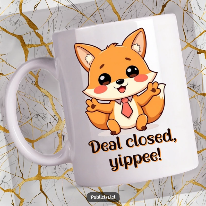 Funny mug of a cheerful fox in a tiny tie, gesturing wildly, exuding enthusiastic and humorous communication.