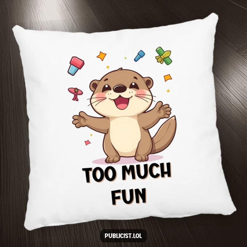 Funny pillow featuring a playful otter juggling colorful flyers with a wide grin, adding a touch of humorous cheer.
