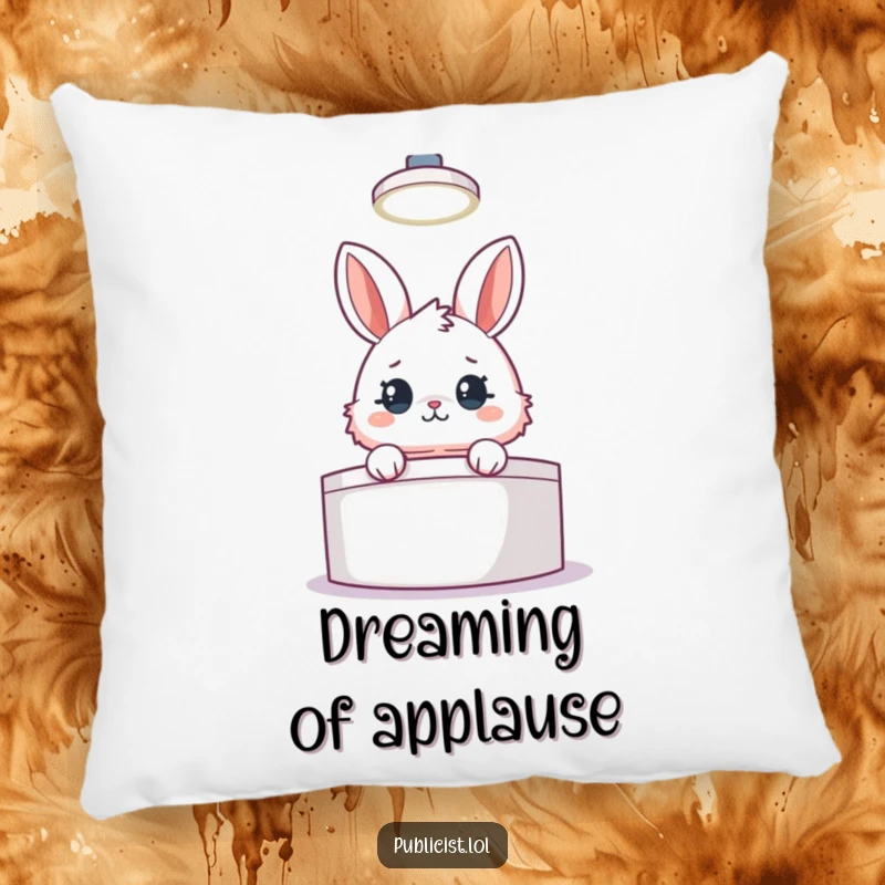 Funny pillow featuring a fluffy rabbit peeking from behind a podium under a spotlight, evoking a humorous political setting.