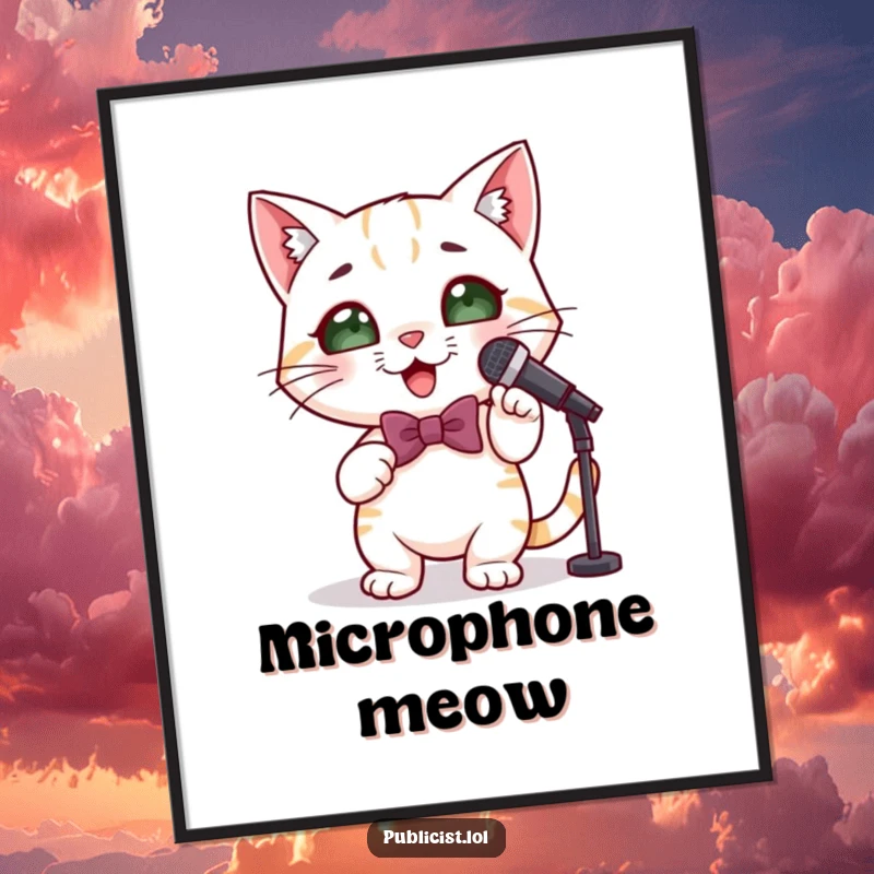 Funny cute cat digital art print of a cat in a bowtie with a microphone, striking a confident and fabulous pose.
