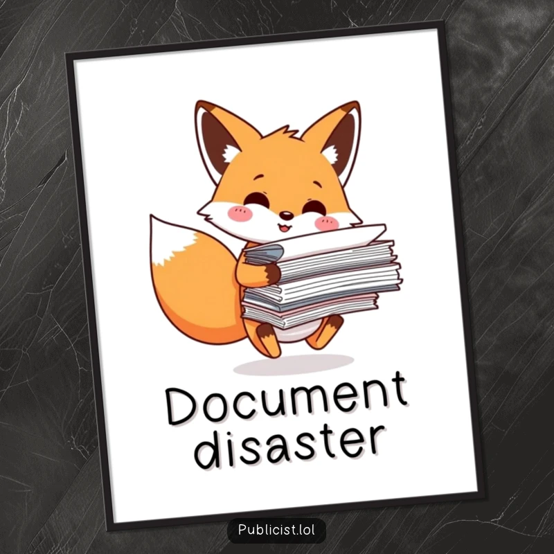 Funny Digital Art Print of a smiling fox character juggling papers, capturing the essence of office humor and creativity.