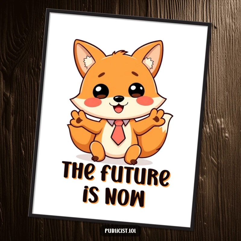 Funny digital art of a cheerful fox in a tiny tie, gesturing wildly, embodying humorous communication and energy.
