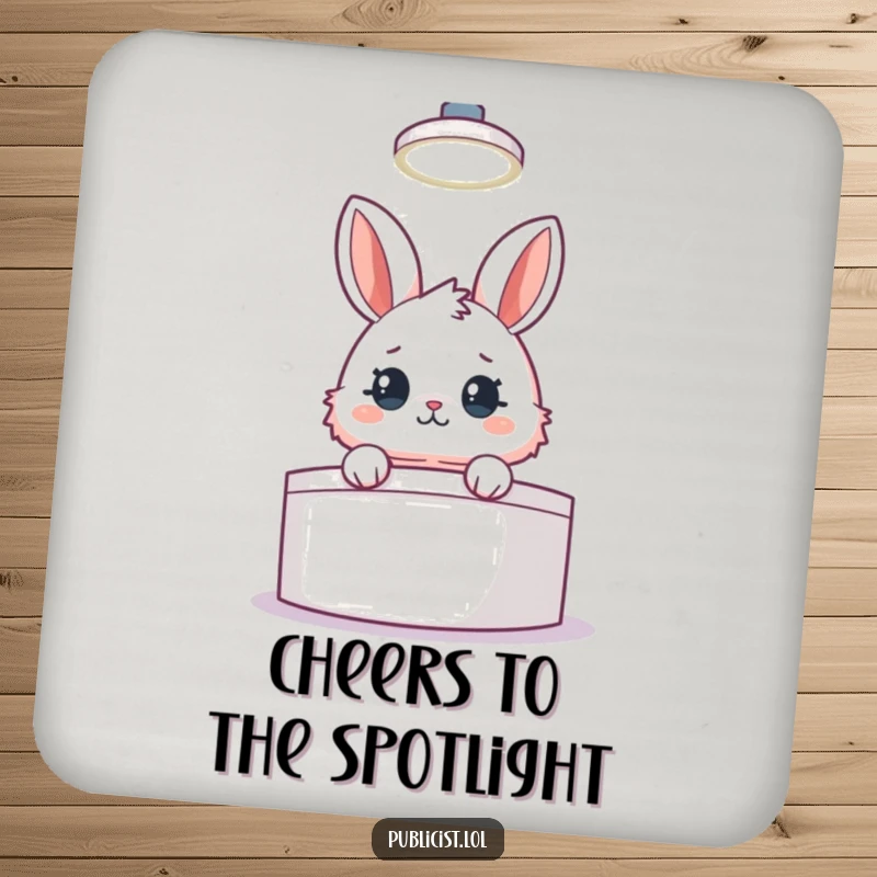 Funny coasters with a fluffy rabbit peeking from behind a podium under a spotlight, offering humorous table protection.