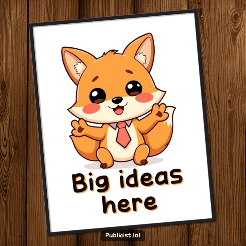 Funny poster art of a cheerful fox in a tiny tie, gesturing wildly, depicting humorous enthusiasm and dynamic communication.