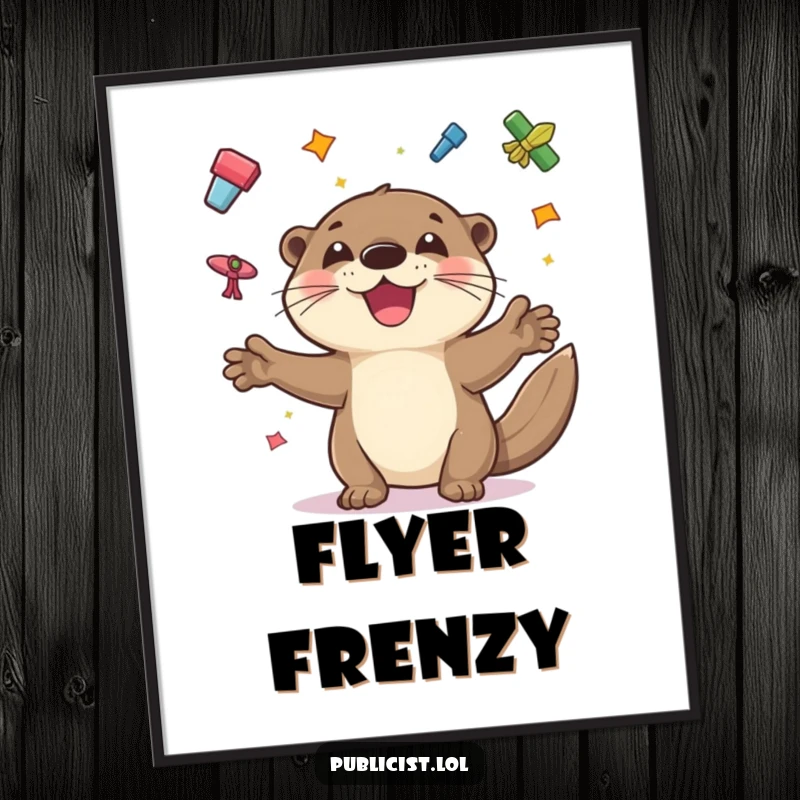 Funny poster art of a playful otter juggling colorful flyers with a wide grin, depicting humorous multitasking and joy.