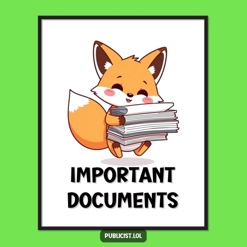 Funny Fox Paperwork Panic Poster - Hilarious Office Wall Art Gift Idea