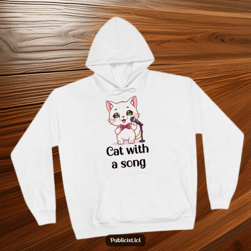 Funny cute cat hoodie showing a bowtie-clad cat holding a microphone and posing like a true performer, radiating charisma.