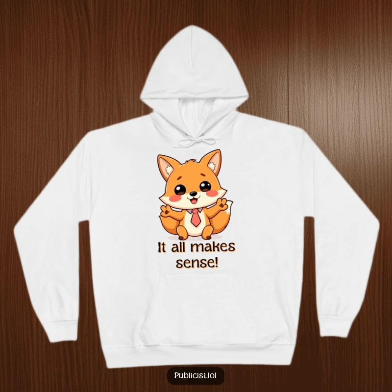 Funny hoodie with a cheerful fox wearing a tiny tie, gesturing wildly, embodying humorous leadership and energy.