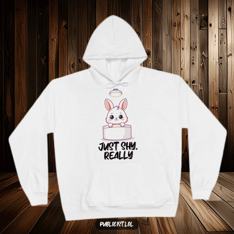 Funny hoodie with a fluffy rabbit peeking from behind a podium under a spotlight, conveying a humorous political campaign vibe.