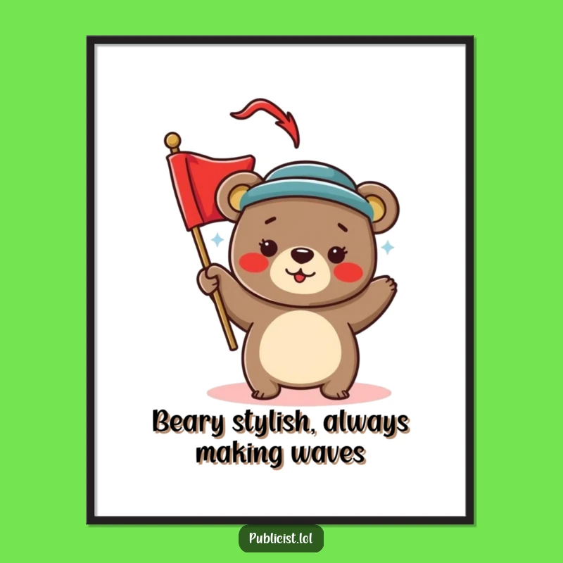 Free Printable Wall Art: Playful Bear Waving Banner, Joyful Downloadable Decor