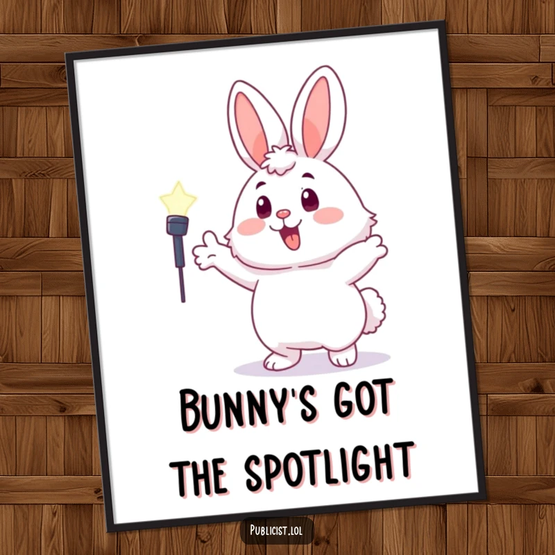 Funny Free Printable Wall Art: A fluffy bunny enthusiastically gesturing towards a spotlight, creating a vibrant and humorous decor piece.