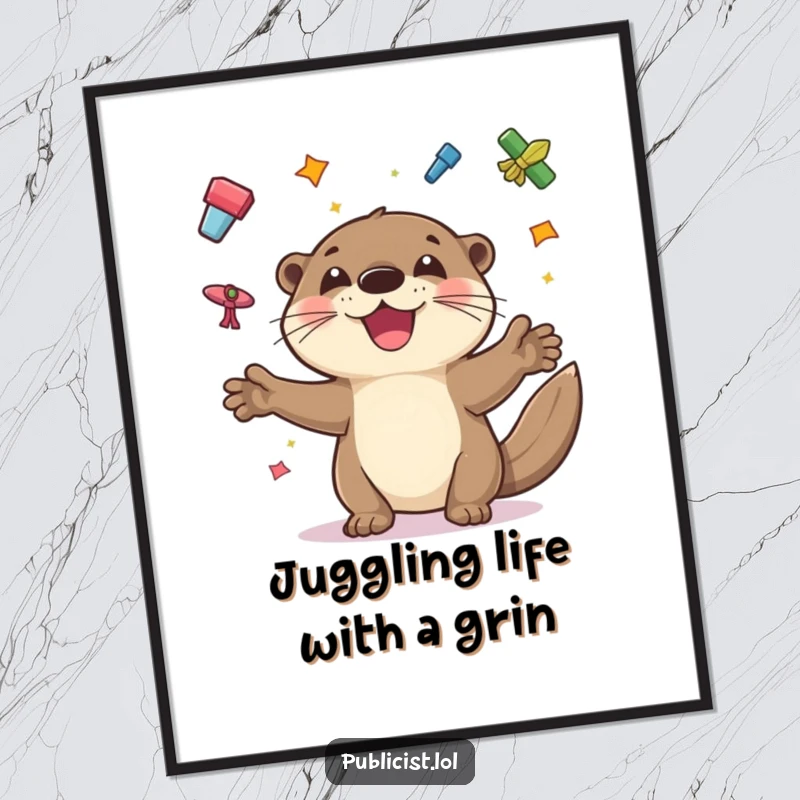 Funny free printable wall art depicting a playful otter with a wide grin, skillfully juggling colorful flyers in a dynamic display.