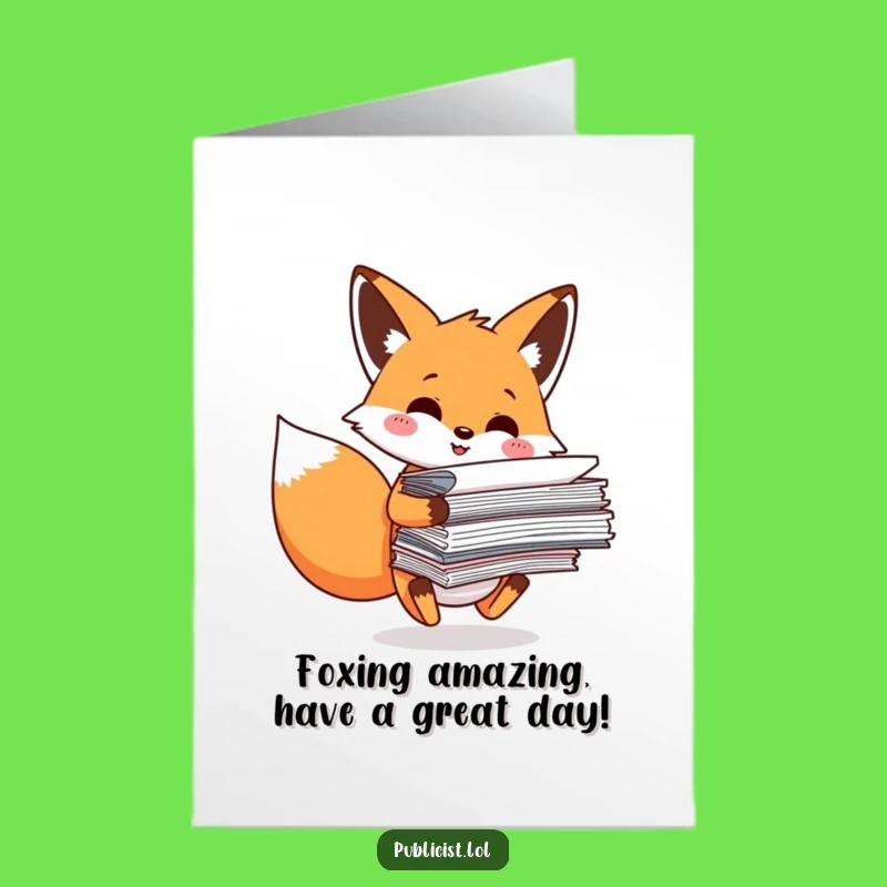 Free Printable Birthday Card: Funny Fox Balancing Papers, Hilarious Downloadable Office Humor