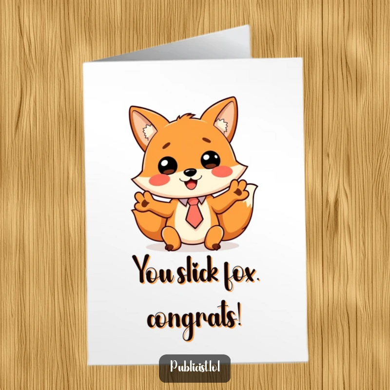 Funny free printable congratulations card: a fox in a tiny tie gestures wildly, exuding enthusiastic and slightly chaotic celebratory energy.