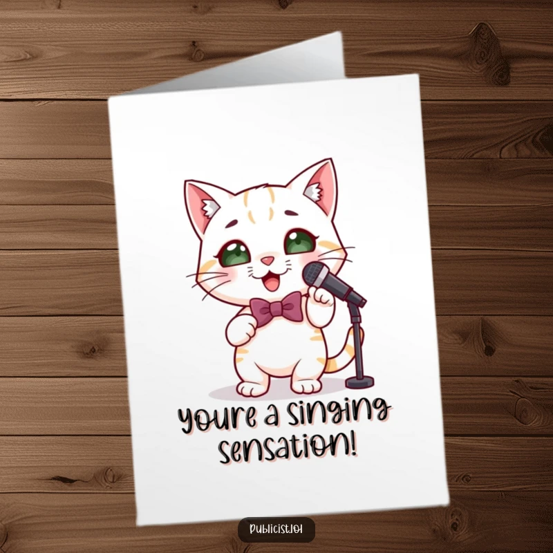 Funny Free Printable Congratulations Card: A cute cat in a bowtie with a microphone, striking a pose to celebrate achievements.