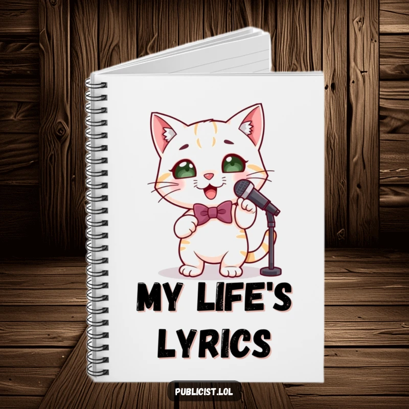 Funny cute cat notebook featuring a bowtie-wearing cat with a microphone, ready to strike a pose and inspire creative writing.