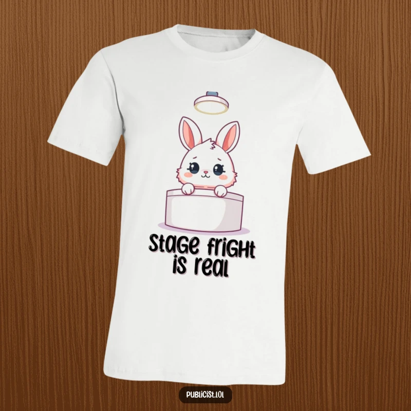 Funny t-shirt of a fluffy rabbit peeking from behind a podium with a spotlight, capturing a humorous political presentation.