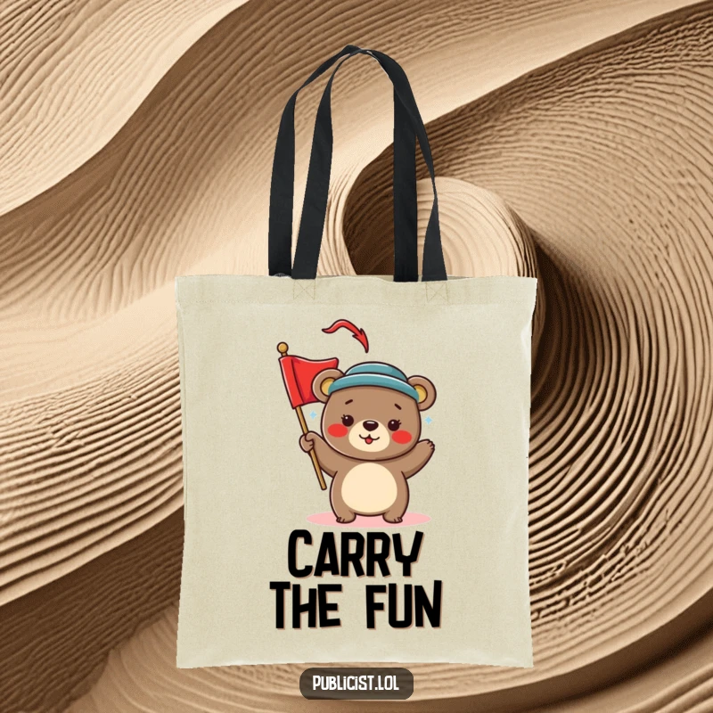 Funny Tote Bag showcasing a playful bear in a stylish hat, waving a cheerful red banner, perfect for carrying party supplies humorously.