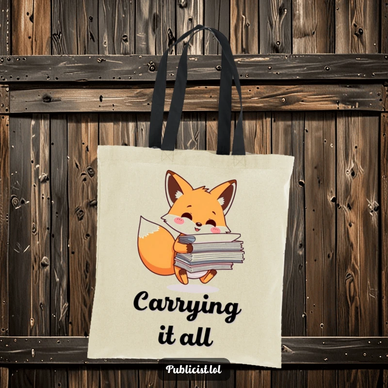 Funny Tote Bag featuring a smiling fox character precariously balancing a stack of important papers, ideal for carrying work essentials humorously.