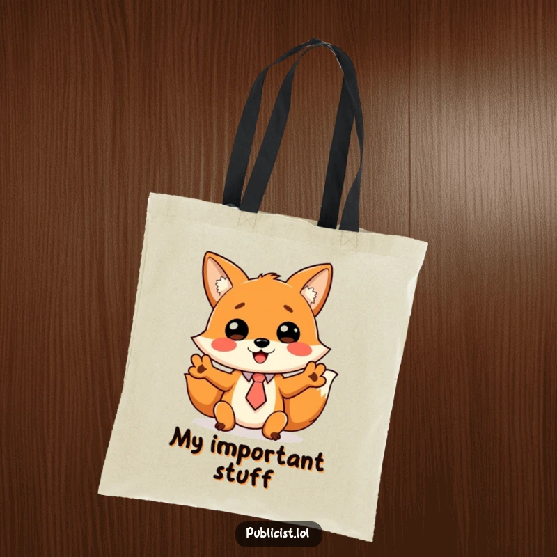 Funny tote bag of a cheerful fox in a tiny tie, gesturing wildly, perfect for carrying items with humorous energy.