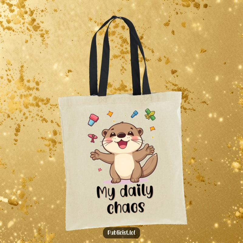 Funny tote bag of a playful otter juggling colorful flyers with a wide grin, perfect for carrying items with humorous ease.