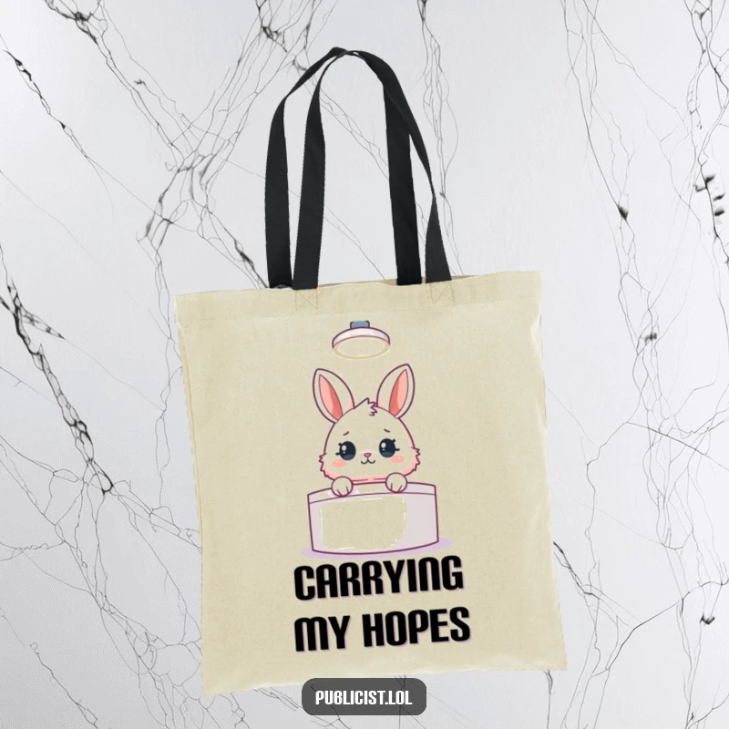 Funny tote bag featuring a fluffy rabbit peeking from behind a podium under a spotlight, humorously portraying a public speaker.